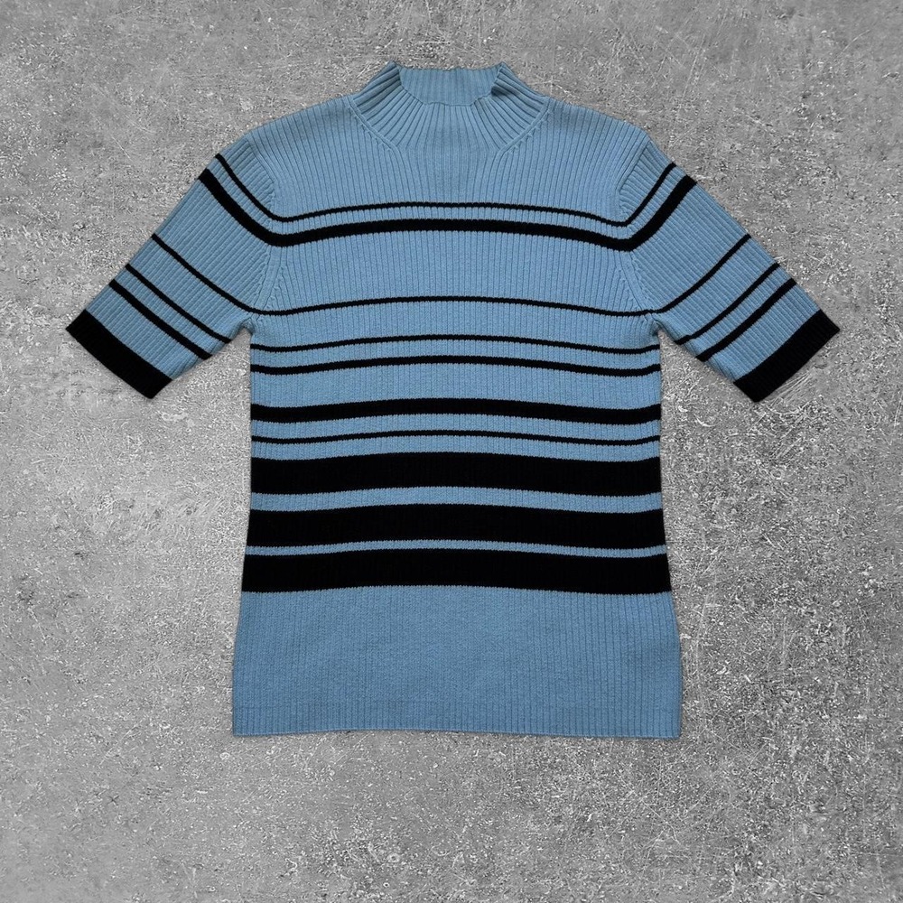 Worthington Essentials Blue Black Striped Ribbed Mock Neck Short Sleeve Sweater